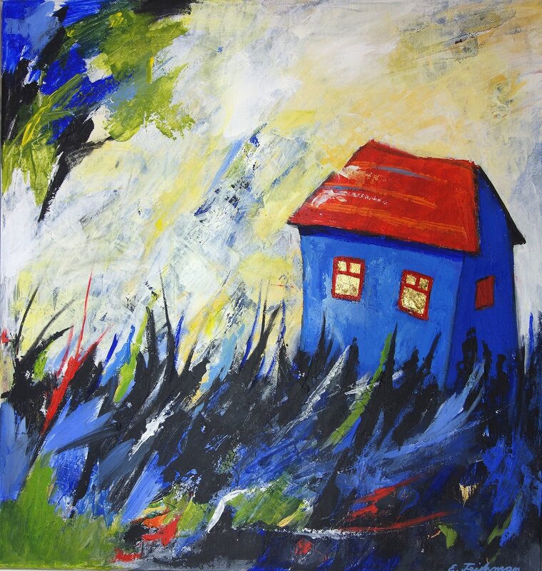 Akrylmålning Det blåa huset av Eva Friskman