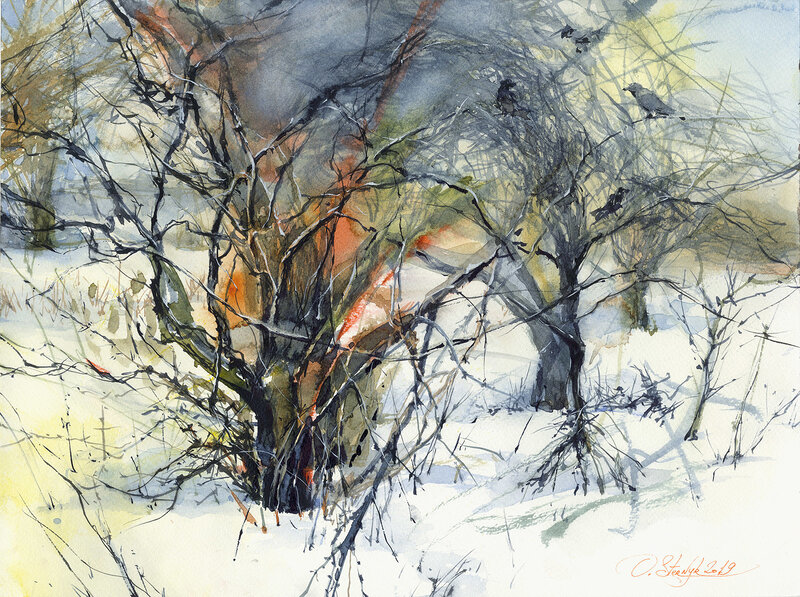 Akvarell Vinterkråkor av Olga Sternyk