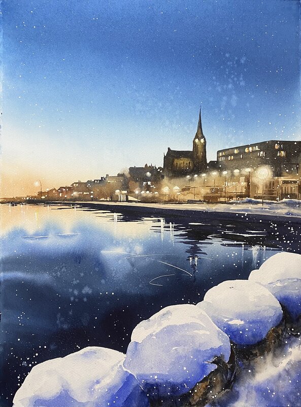 Akvarell Lysekil i vinterljus av Lynn Hofmann