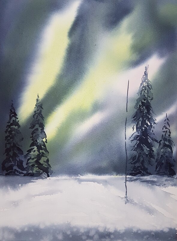 Akvarell Norrskensljus av Nina Laestander