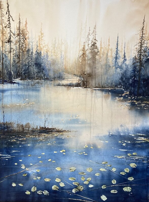 Akvarell Insjö av Emelie Klockarås