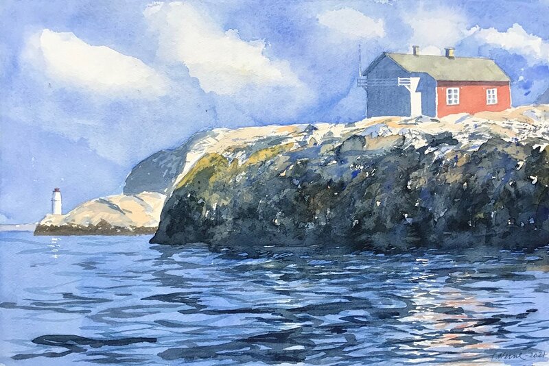 Akvarell Islandsberg # 5 (fyrhuset och fyren) av Tord Wennerblom