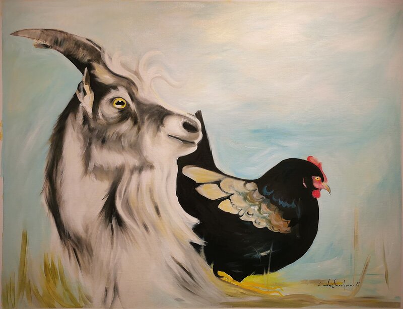 Oljemålning Goat and Hen av Linda Sandgren