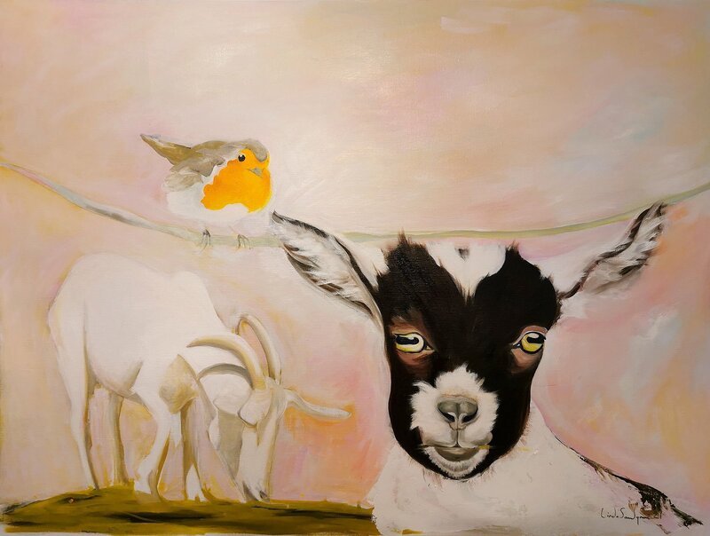 Oljemålning Goats and Robin av Linda Sandgren