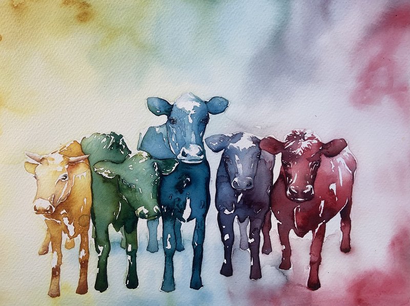 Akvarell HAPPY COWS av Katarina Thomassen
