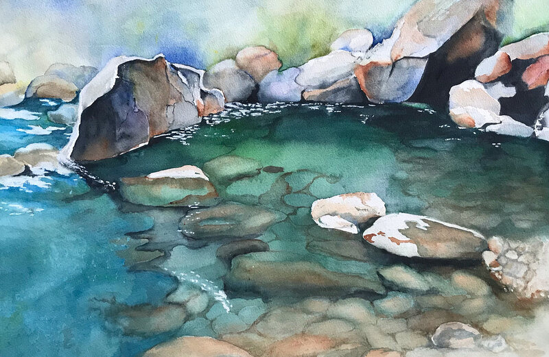 Akvarell Vattendrag med stenar av Ewa Helzen