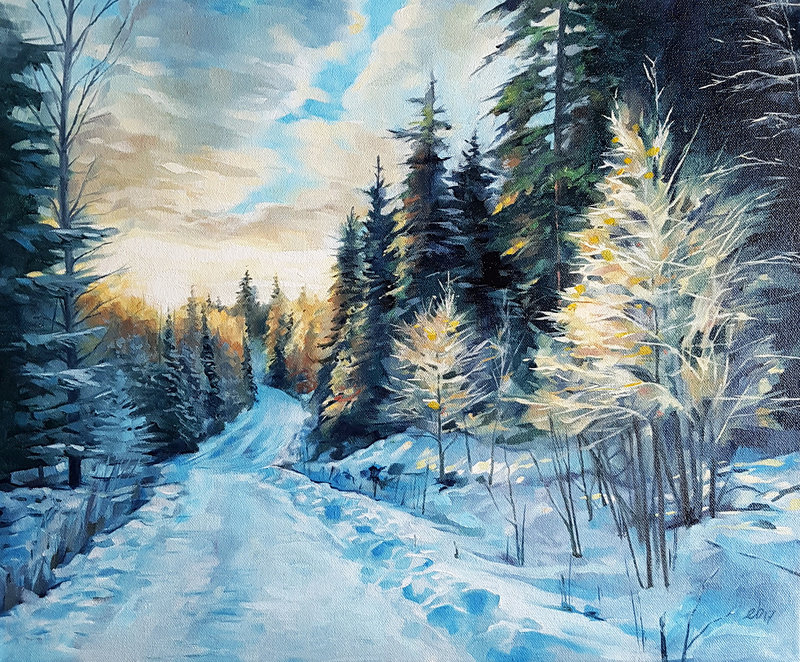 Oljemålning Skogsväg i vintersol av Erik Björkland