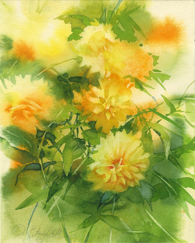 Akvarell Gyllene Bollar blommor av Olga Sternyk