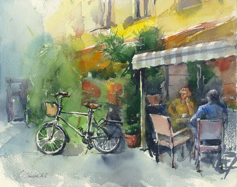 Akvarell Street caffe av Olga Sternyk