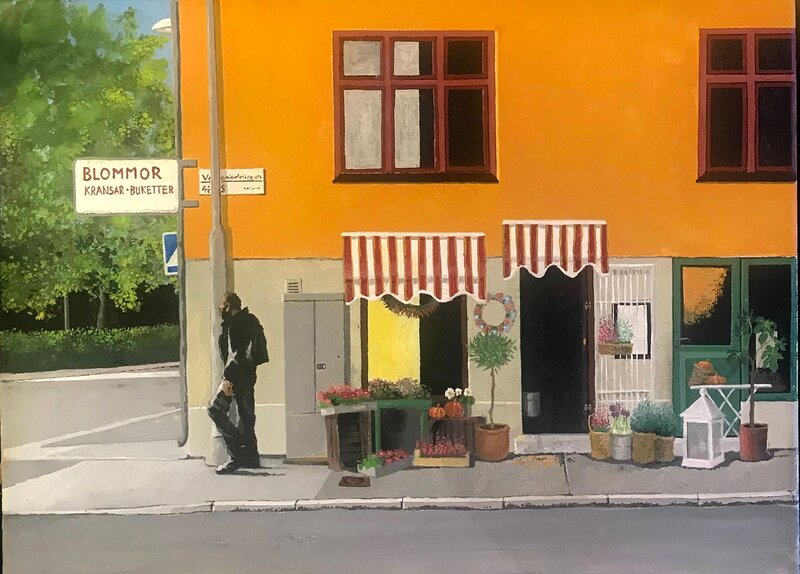 Akrylmålning Blomsteraffären i Midsommarkransen, Stockholm av Börje Ahlström
