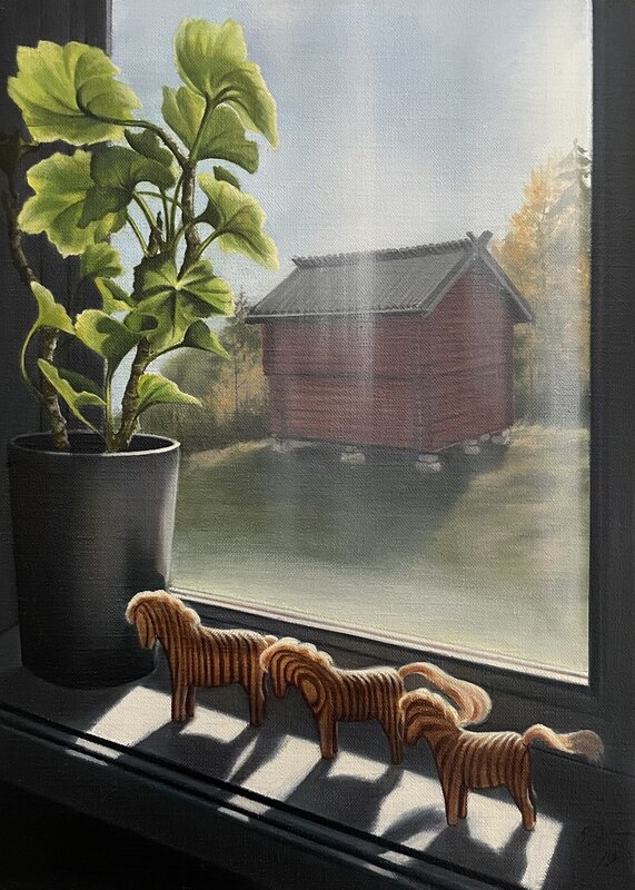 Oljemålning Trähästarna på landet av Anette Björk Swensson