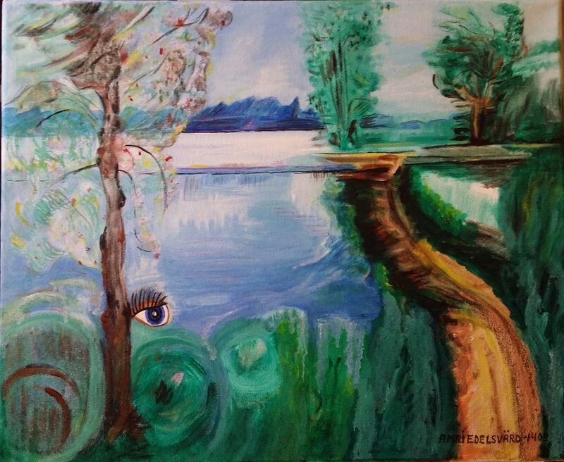 Oljemålning En stig vid vattnet av Amri Margareta Edelsvärd