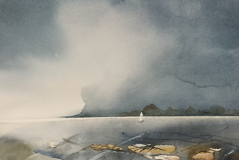 Akvarell Vita huset vid havet av Bjarne Madsen Härdig