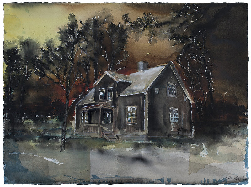 Akvarell Ödsligt hus av Daniel Zausnig