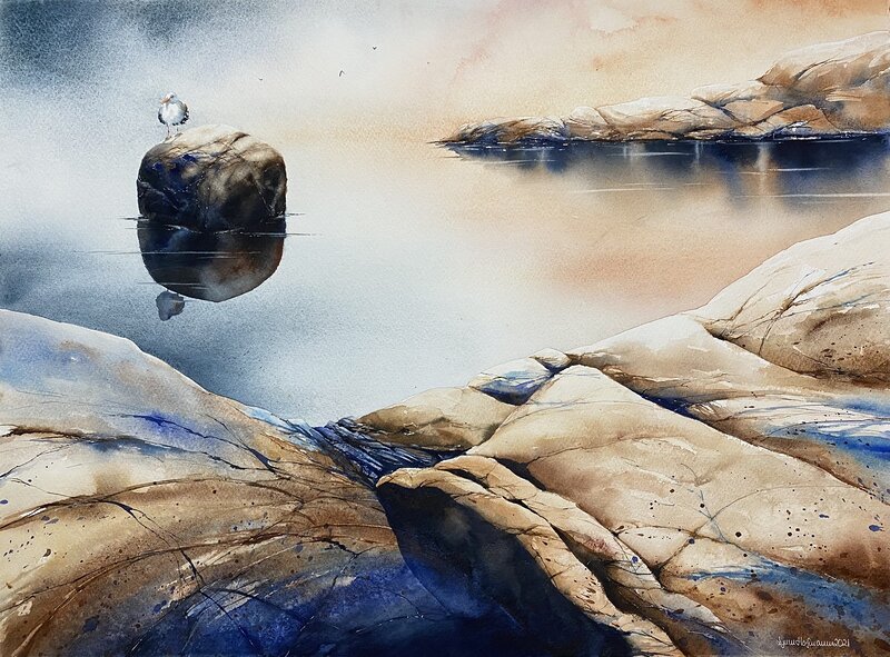 Akvarell The Rock av Lynn Hofmann