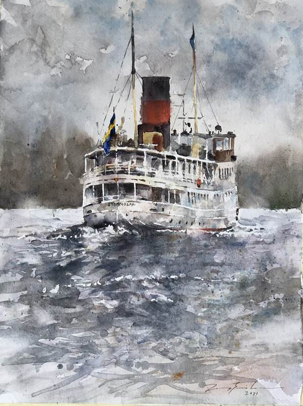 Akvarell Skärgårdsbåt Stockholm av Jony Eriksson