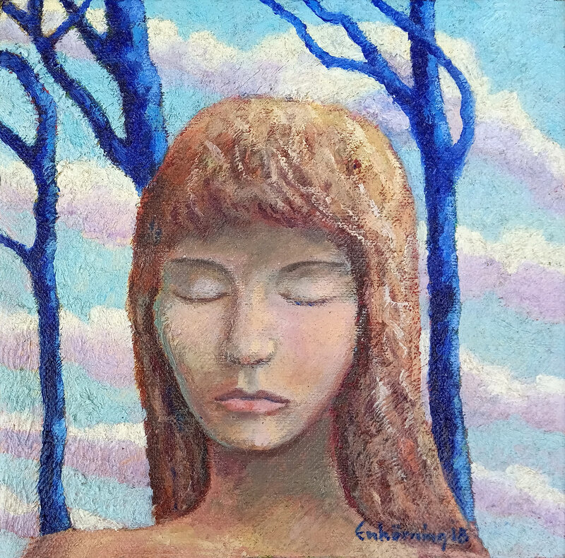 Oljemålning Kvinna med blå träd av Ulf Enhörning