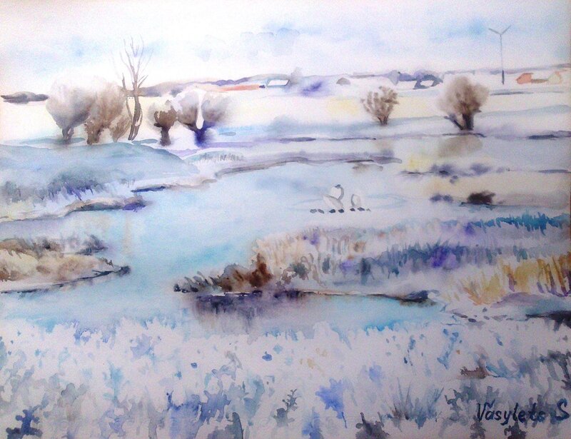Akvarell Vinterlandskap av Svitlana Vasylets