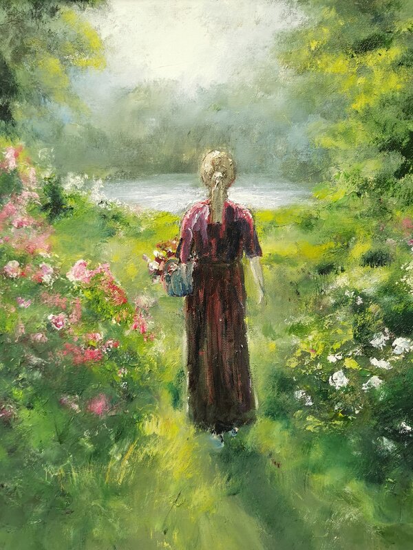 Oljemålning Flicka med blomsterkorg av Kathrin Bernekorn