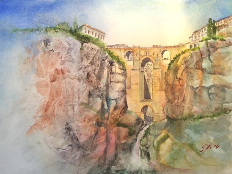 Akvarell Ronda bron-Spanien av Tanya Lundmark