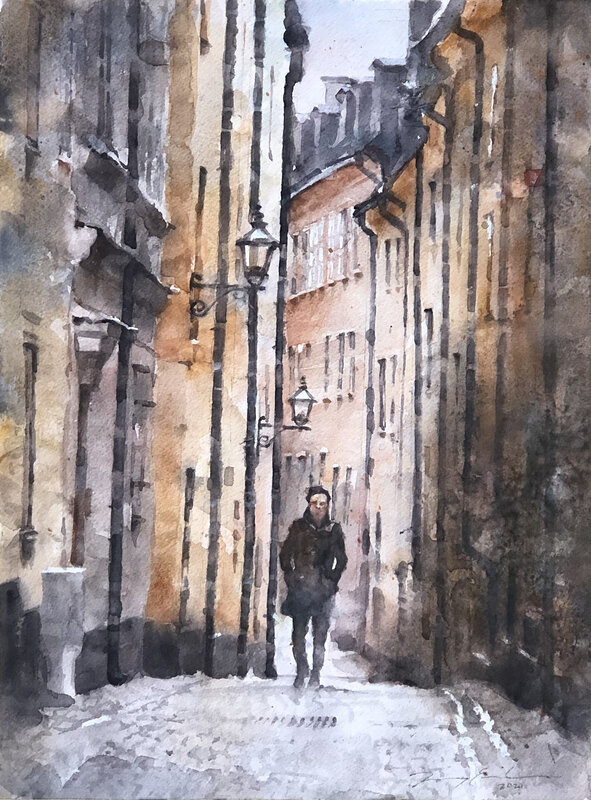 Akvarell Ensam på väg på Prästgatan i Gamla! av Jony Eriksson