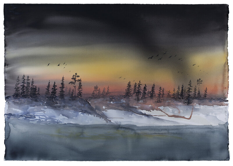 Akvarell Solnedgång uppe på berget av Daniel Zausnig