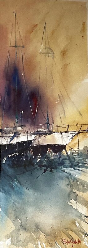 Akvarell Båtplatser av Stefan Gadnell