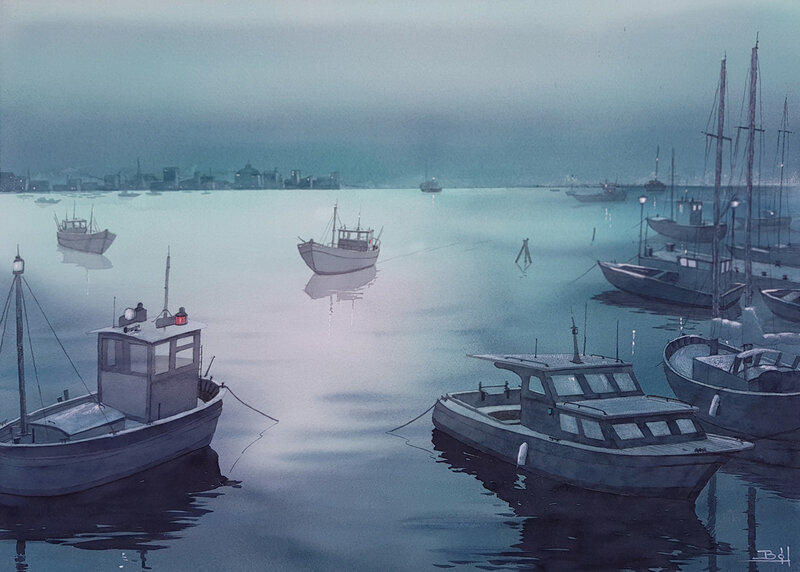 Akvarell Hamnen av Bo Hoflin