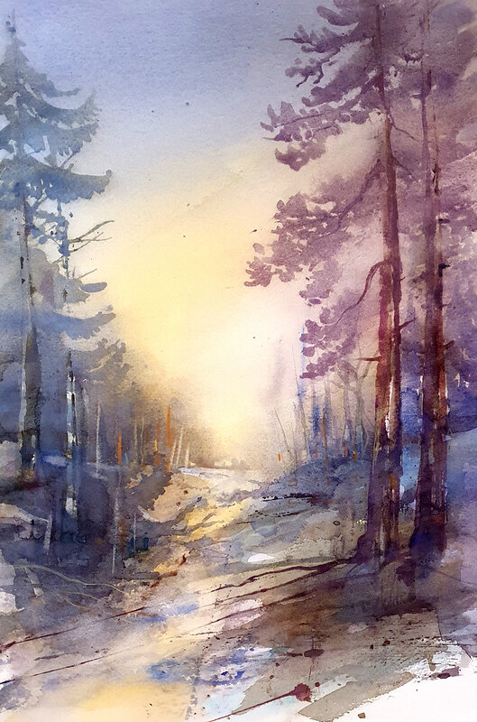 Akvarell Solljus på landsvägen av Jenny Övrebö