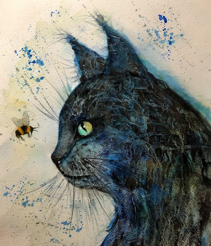 Akvarell Blacky den svarta katten. av Annelie Wadin