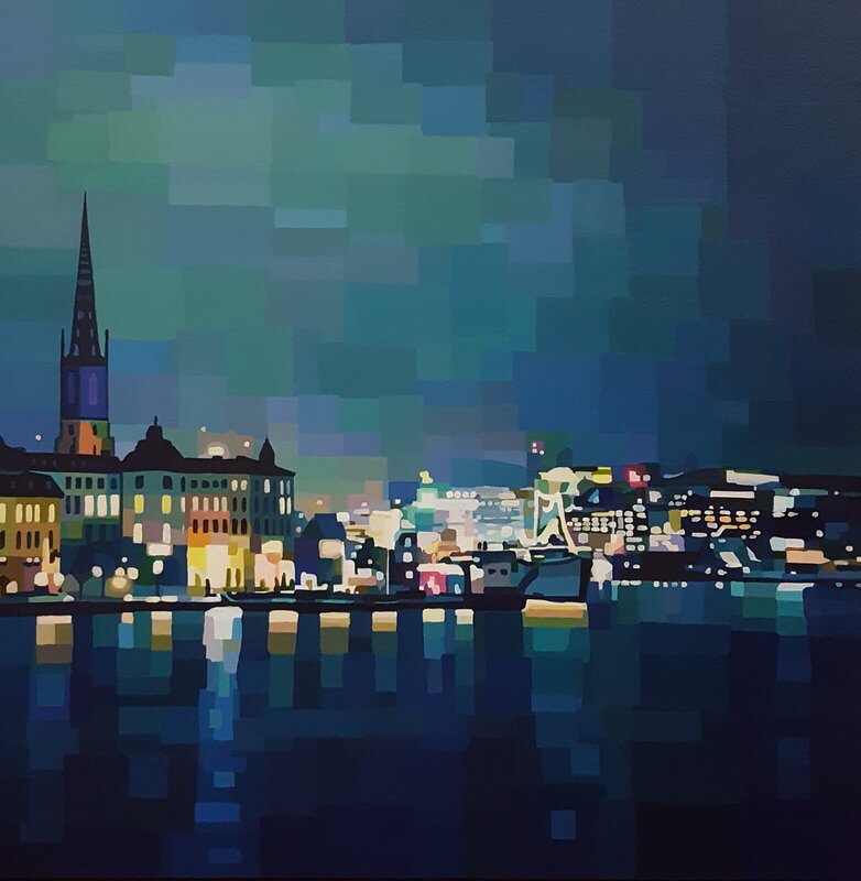 Akrylmålning Natt över Riddarholmen, Josef Petersson