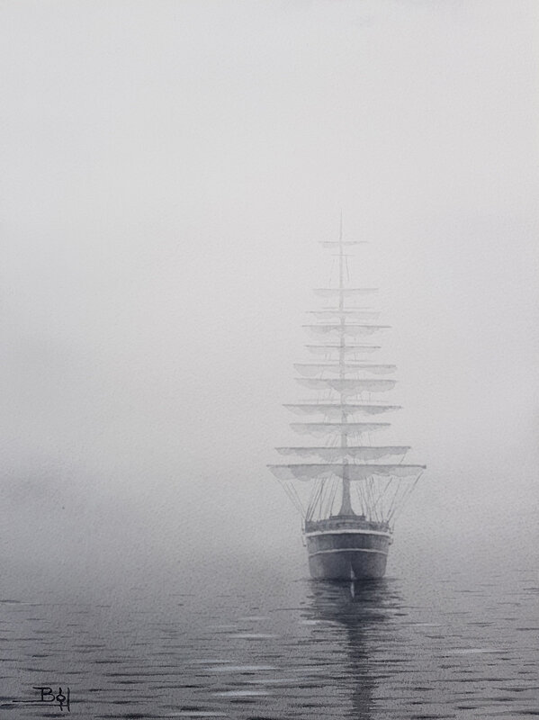 Akvarell Skepp i Dimma av Bo Hoflin