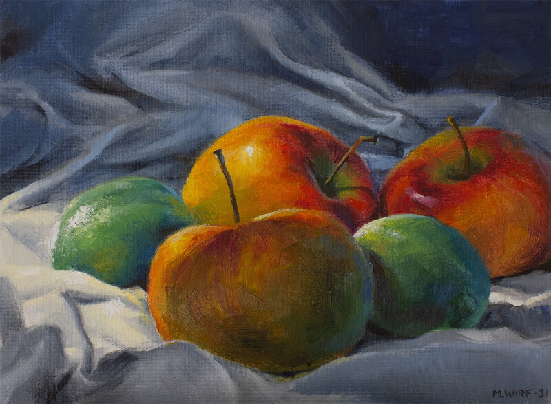 Oljemålning Stilleben med äpplen och lime, Mattias Wirf