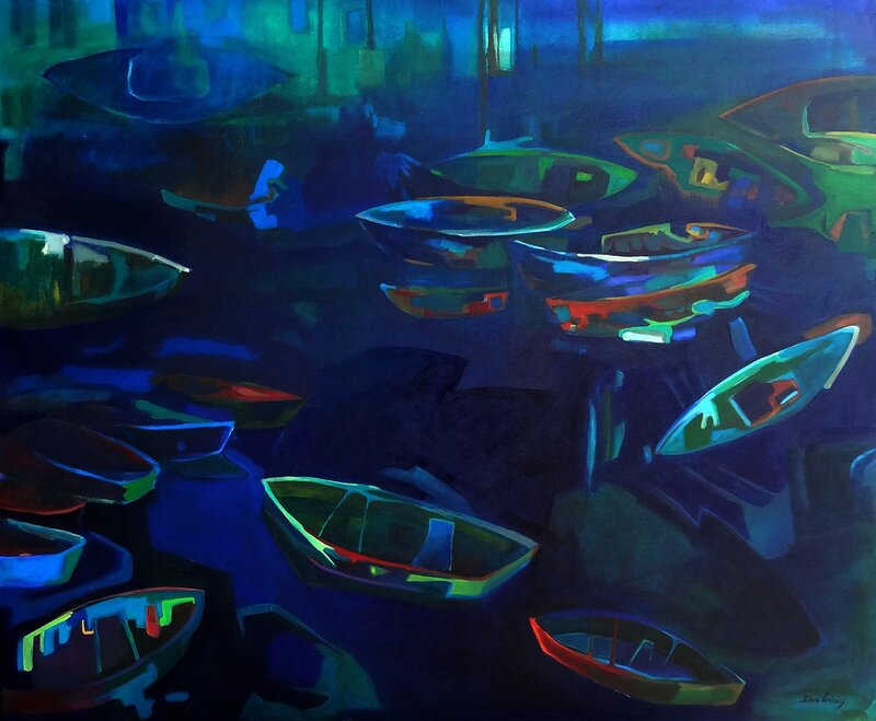 Oljemålning Blue boats av Dora Krincy