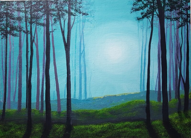 Akrylmålning Tallskog i dimman av Alicia Bremberg