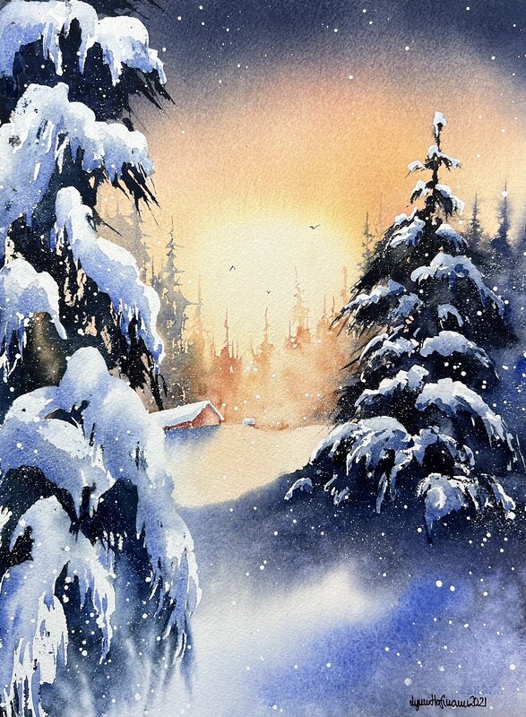 Akvarell Gyllene vinterljus av Lynn Hofmann