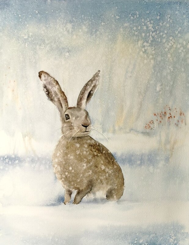 Akvarell Hare i snöfall, Hanna Grahm
