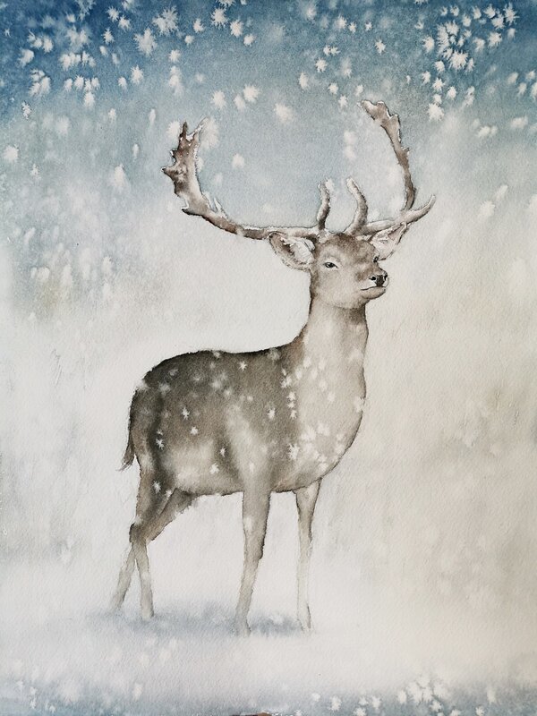 Akvarell Dovhjort i snöfall, Hanna Grahm