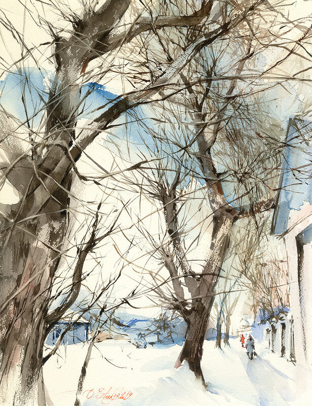 Akvarell Vintern träd. Prints på akvarellpapper av Olga Sternyk