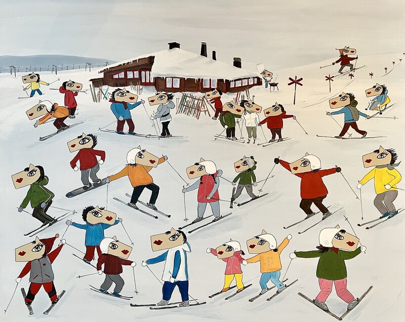 Akrylmålning Snögubben, Happy skiing av Catarina Hjort Tolstoy