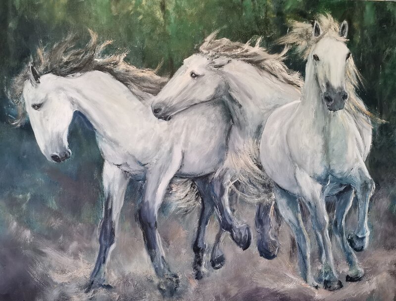 Oljemålning Tre vita hästar av Kathrin Bernekorn