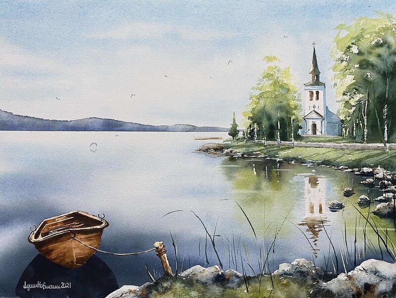 Akvarell Västra Fågelviks kyrka, Årjäng av Lynn Hofmann
