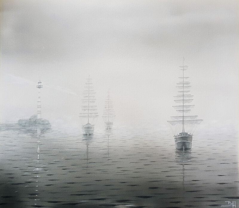 Akvarell Tre Skepp av Bo Hoflin