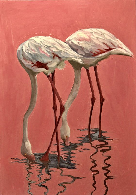 Oljemålning Rosa Flamingos, Ludvig Sjövik