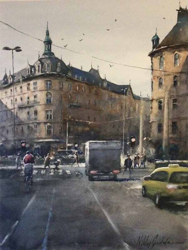 Akvarell Nybroplan av Niklas Gustafsson