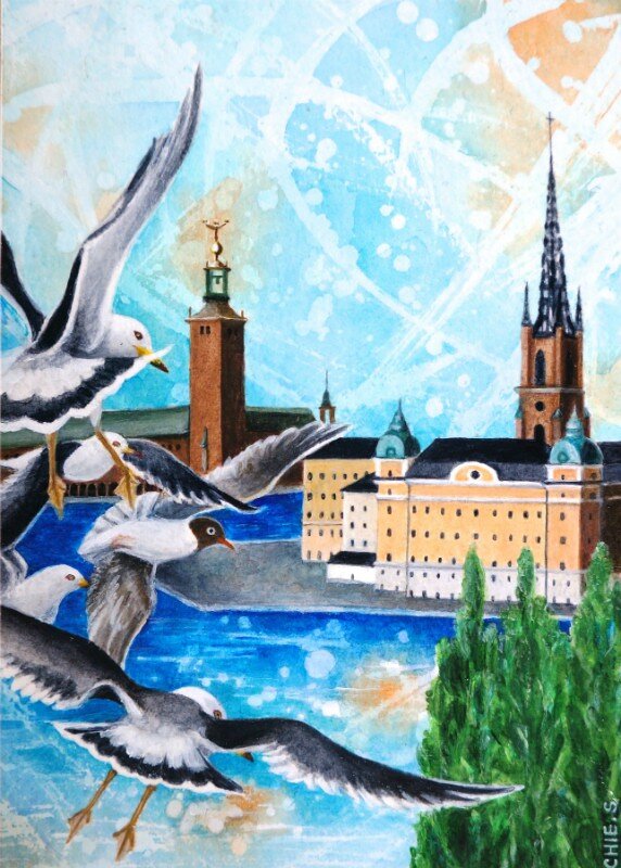 Akrylmålning Stockholm, sommar av Chie Shirafuji