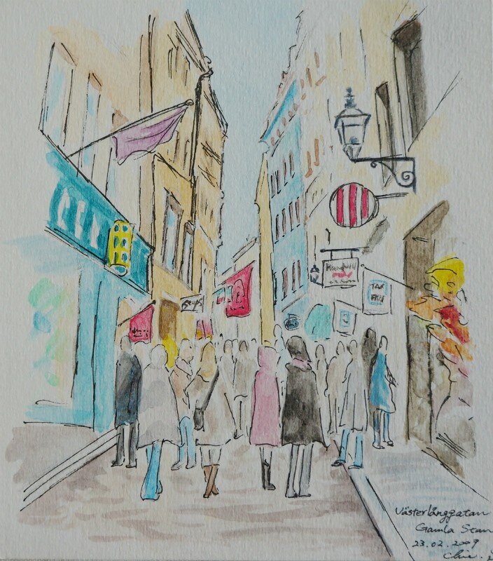 Akvarell Skiss för "Västerlånggatan, Gamla stan" av Chie Shirafuji