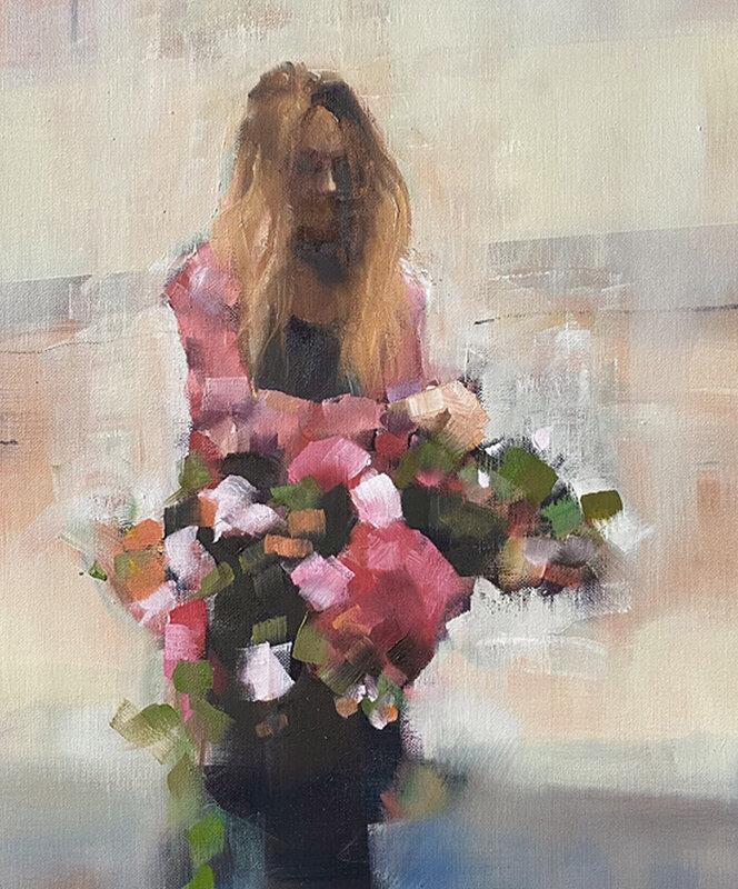 Oljemålning Kvinna med blombukett av Anders Olsson