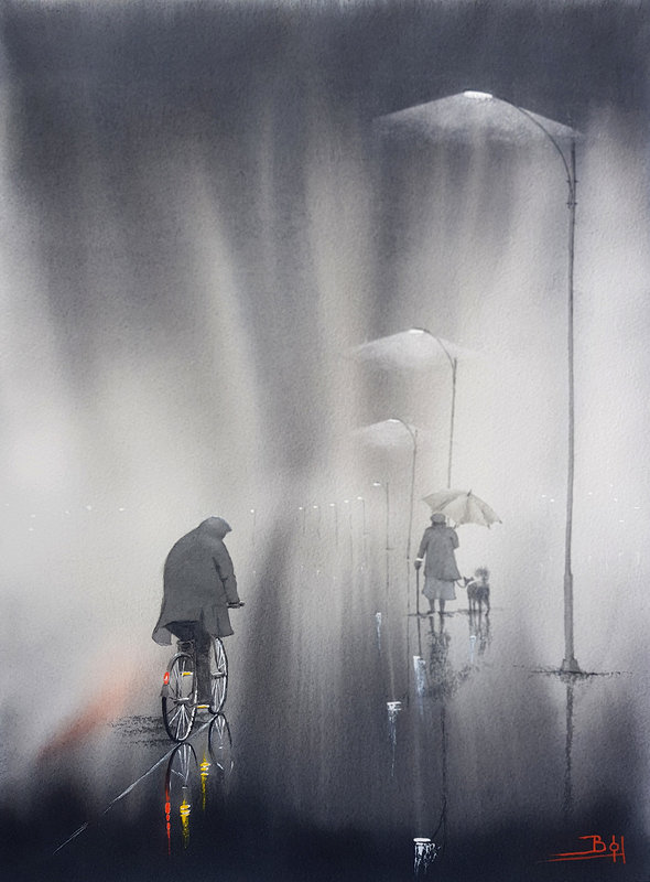 Akvarell Cykeltur i dimma av Bo Hoflin