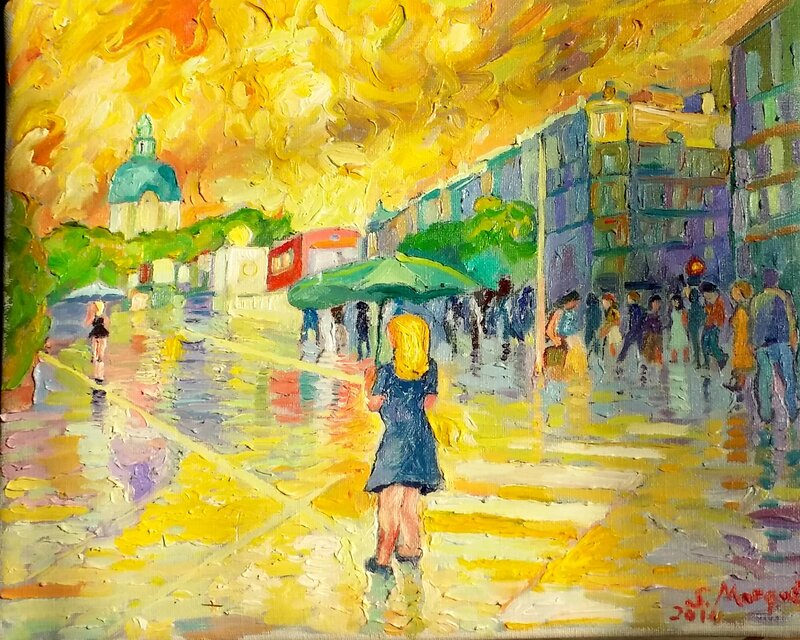 Oljemålning Regn vid Odenplan av Sebastian Marquez